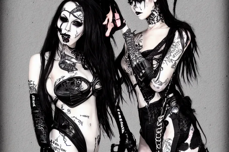 Image similar to a extremely detailed stunning portraits of gothpunk slutcore women full frontal body by allen william on artstation