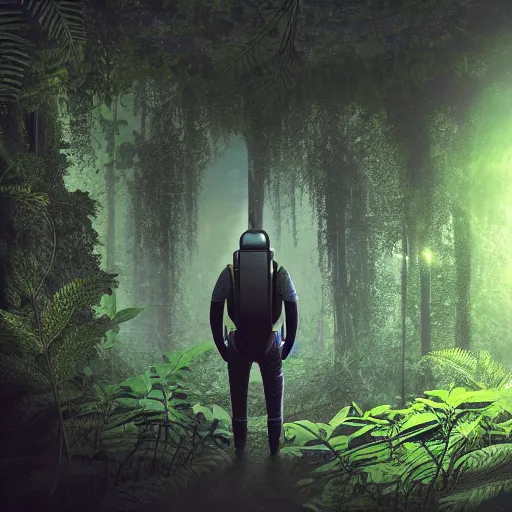Prompt: An astronaut promethus walking in an overgrown fern forest plants environment low cinematic lighting atmospheric realistic octane render highly detailed in the style of mullins a very dark and deep forest inside of tropical rain forest very dark spooky nightime lighting