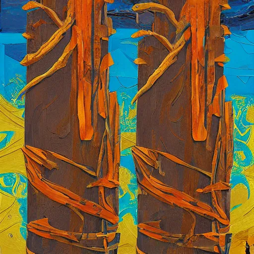 Image similar to dusty bipedal dark rapids fractal haddock wood teak tree chocolate, by eleanor vere boyle and jackson pollock and tom thomson, tiki, cubist, speedpainting