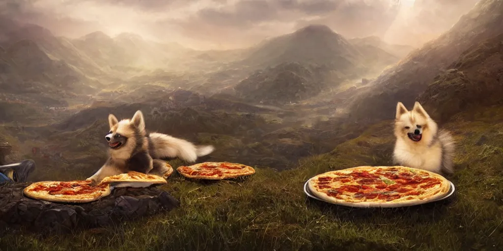 Prompt: breathtaking detailed concept art painting of a pomsky dog eating pizza on the top of a hill. beneath the hill is a tiny village, by hsiao - ron cheng, extremely moody lighting, 8 k