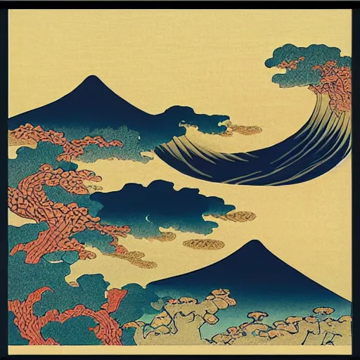 Prompt: generative abstract art by katsushika hokusai, storybook illustration, cool color palette, in a symbolic and meaningful style