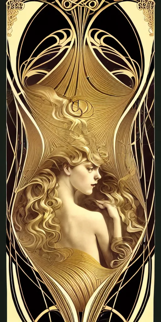 Image similar to the source of future growth dramatic, elaborate emotive Art Nouveau styles to emphasise beauty as a transcendental, seamless pattern, symmetrical, large motifs, hyper realistic, 8k image, 3D, supersharp, Flying shiny silk fabric in Art nouveau curves spirals and swirls, iridescent and black and gold colors , perfect symmetry, iridescent, High Definition, sci-fi, Octane render in Maya and Houdini, light, shadows, reflections, photorealistic, masterpiece, smooth gradients, no blur, sharp focus, photorealistic, insanely detailed and intricate, cinematic lighting, Octane render, epic scene, 8K