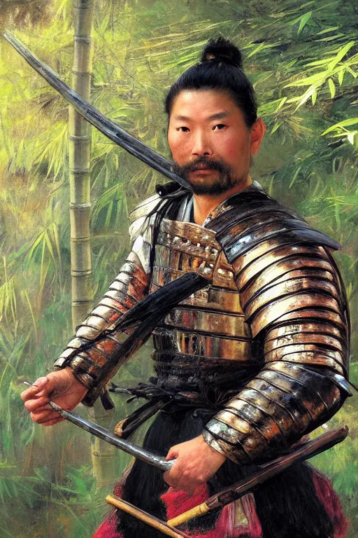 Image similar to close up of samurai warrior in full armor, in a bamboo forest, by vladimir volegov and alexander averin and delphin enjolras and daniel f. gerhartz