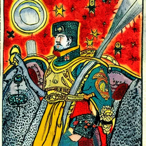 Prompt: ottoman sultanate space marines, comic book illustration, tarot card style