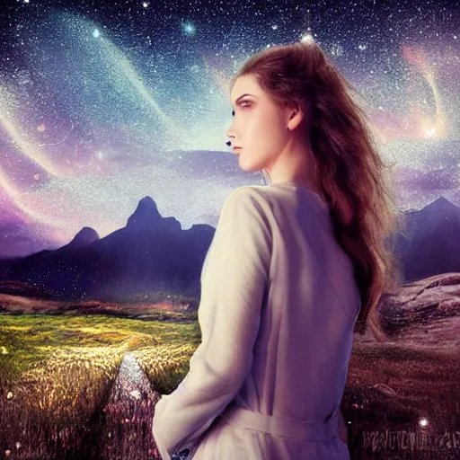 Image similar to most beautiful young face Gaelic woman walking under starry night, extremely detailed faces, photorealistic, cinematic