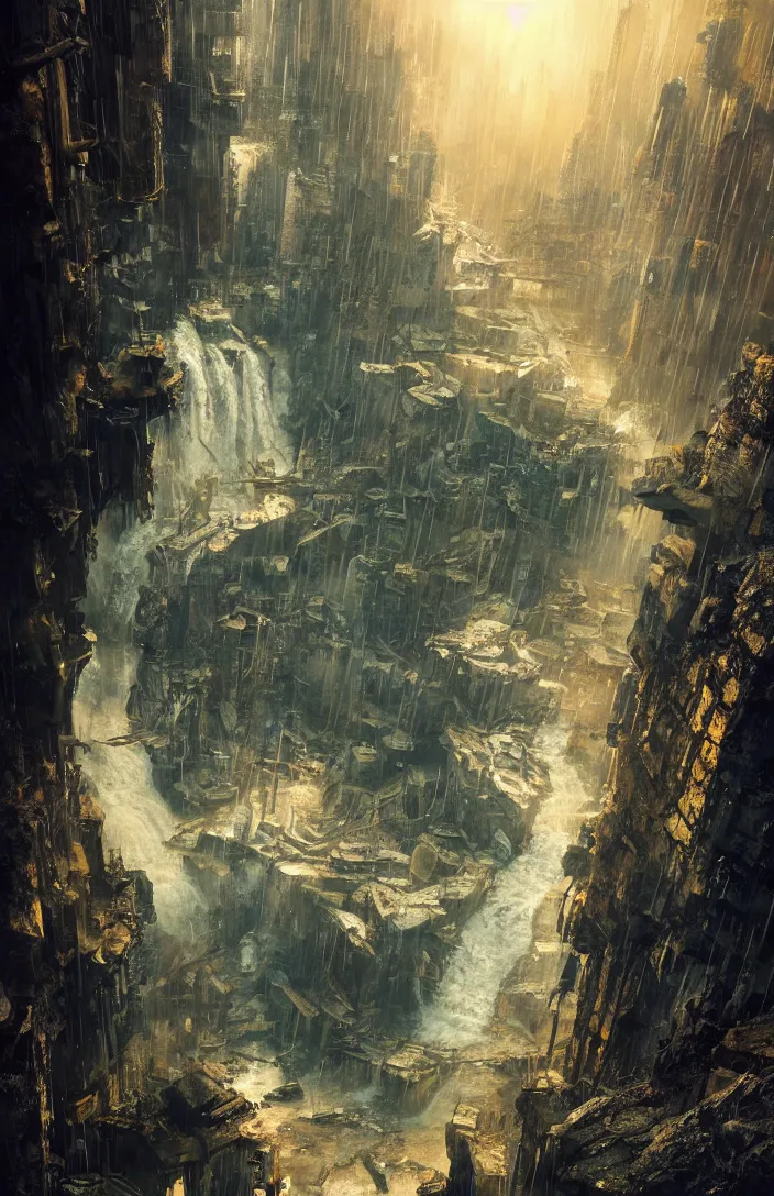 Prompt: a highly detailed blade runner cyberpunk on the edge of a waterfall, detailed, hyperreal phantastic, intricate details in environment, luminance, golden ratio, high aestehtic, cinematic light, dramatic light, godrays, distance, photobash, wideangle, bierstadt, hyperreal 4 k