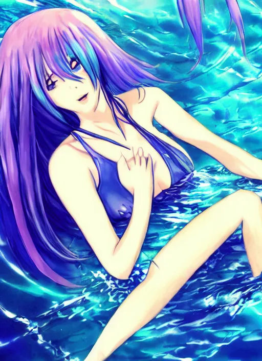 Image similar to a woman with blue hair sitting underwater, a beautiful anime drawing by yuumei, featured on pixiv, rayonism, pixiv, seapunk, very anime anime!! detailed