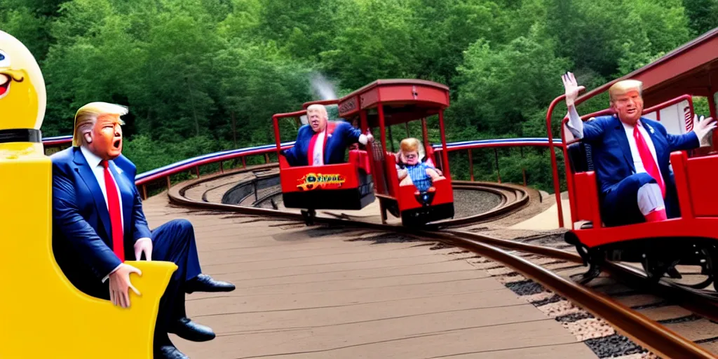 Image similar to a photo of Donald Trump falling off of a kiddy train, crying, taken in Silver Dollar City
