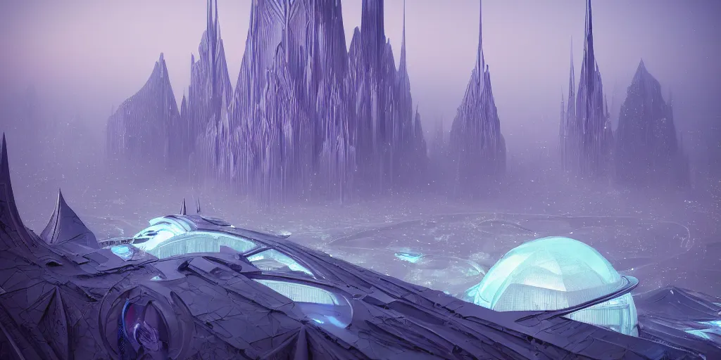 Image similar to artdeco futuristic hyperdimensional elven city, galactic, desolate, ice shards, river:: by beeple and James Gilleard and Justin Gerard :: ornate, dynamic, particulate, intricate, elegant, highly detailed, centered, artstation, smooth, sharp focus, octane render, nvidia raytracing demo