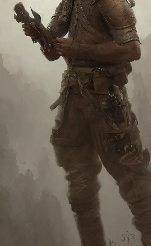 Prompt: Portrait of a rugged ranger, male, muscular, straight nose!!!, detailed face, thighs!!!, simple clothing!!!!!, boots!!!! fantasy, medieval, highly detailed, cinematic lighting, digital art painting by greg rutkowski