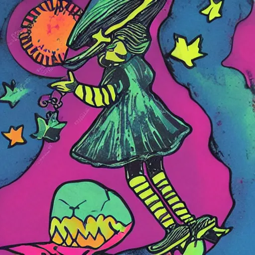 Image similar to colorful printmaking of a witch flying