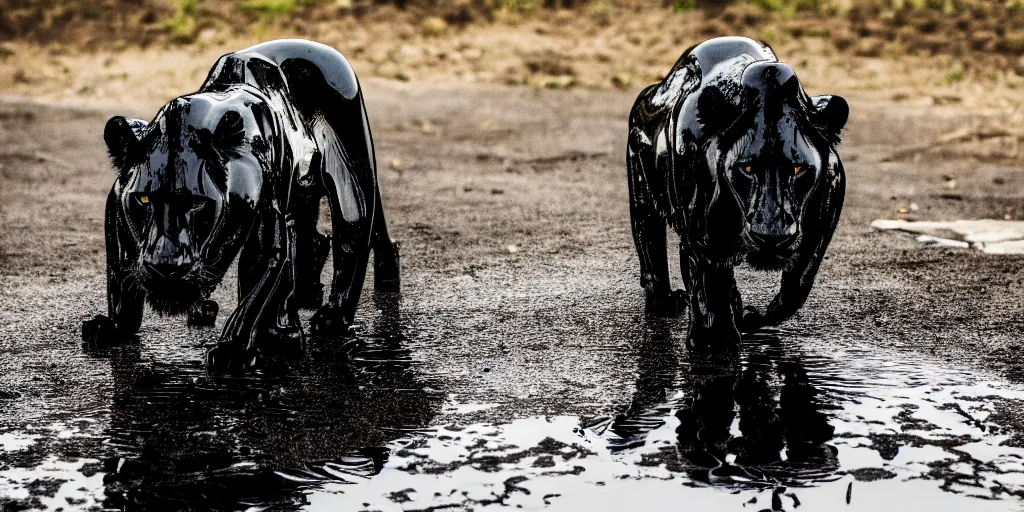 Image similar to the black lioness made of ferrofluid, dripping tar, drooling ferrofluid, crawling out of the air vent. dslr, photography, animal photography, goo, reflections, sticky, melting