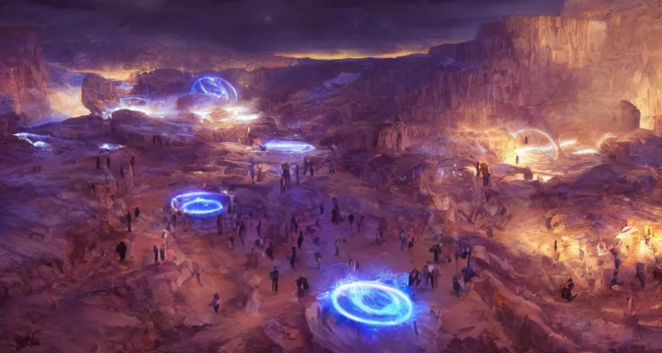 Image similar to night, a lot of people and a spiral - shaped white luminous attractor is floating in grand canyon, concept art, art for the game, professional lighting, art