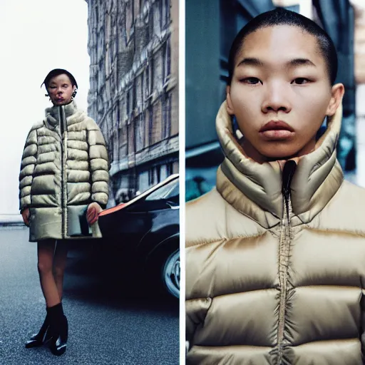 Image similar to realistic photoshooting for a new balenciaga lookbook, color film photography, portrait of a blonde asian woman, model wearing a puffer jacket, photo in style of tyler mitchell, 3 5 mm,