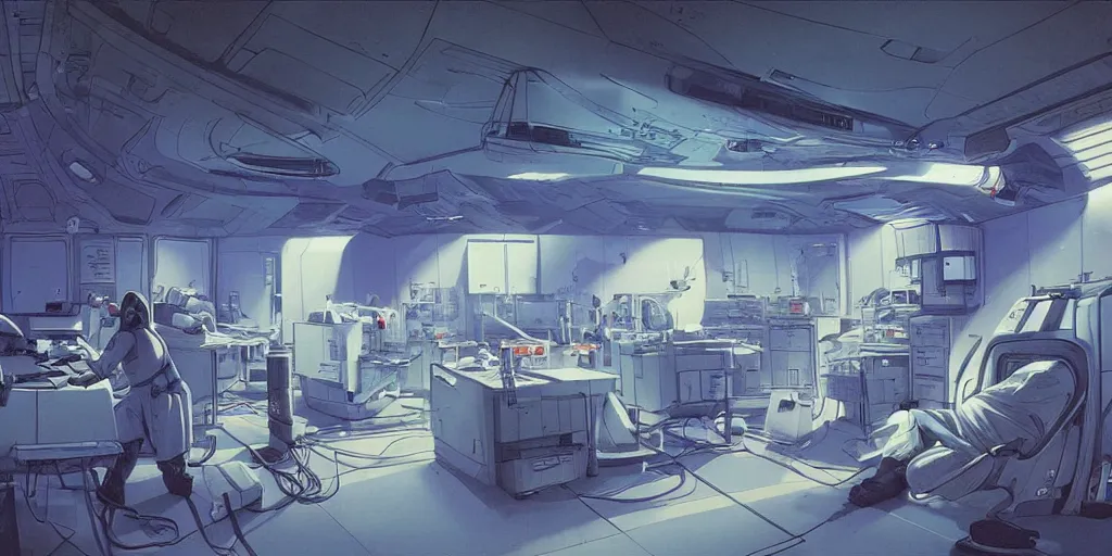 Image similar to spaceship medic room , mysterious laboratory, thick blue mist, low ceiling, cables hanging from ceiling, thick cables on ground, god rays of light, huge computer screens, neons, saturated top light , epic scene, scifi, illustration, art by Juan Giménez and moebius