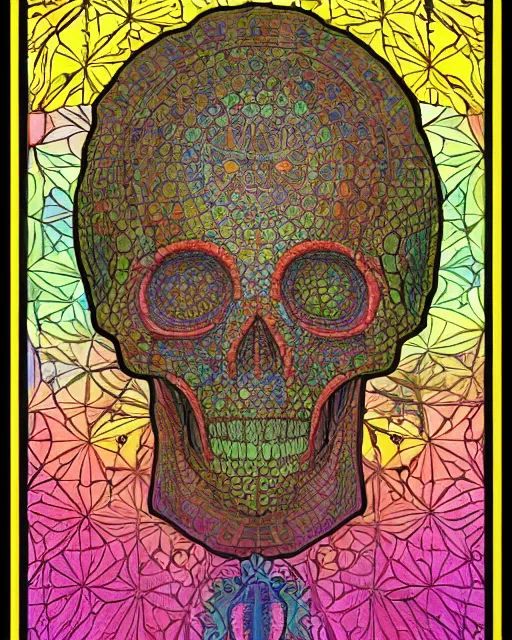 Image similar to Carved alien skull art surrounded by varities of corn, cell shading, voronoi, fibonacci sequence, sacred geometry by Alphonse Mucha, Moebius, hiroshi yoshida, Art Nouveau, colorful, ultradetailed, vivid colour, 3d