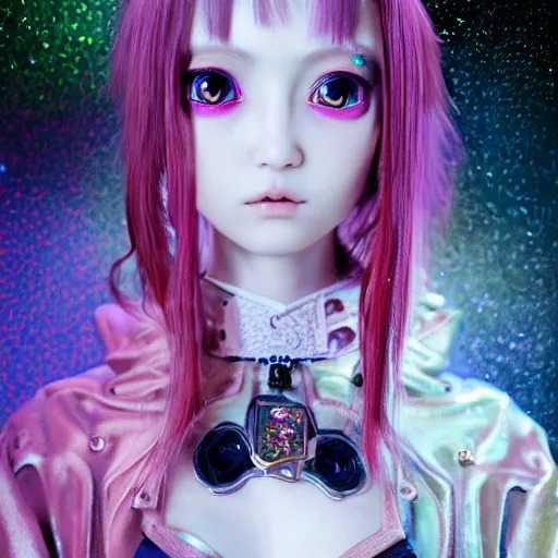 Prompt: Ethereal, mysterious stunning maximalist adorable cyberpunk girl named Lain (Serial Experiments Lain) from the rainbow sky paradise, high-tech, professional high fashion model photo shoot, hyperdetailed by Mark Ryden and artgerm and Hiroyuki-Mitsume Takahashi, 35mm macro shot, hyperrealism, 8k resolution 3D