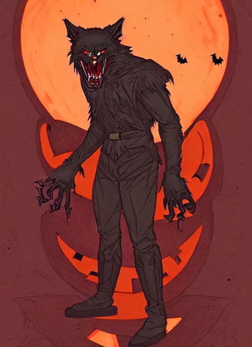 Image similar to concept art design illustration, halloween, werewolf, vampire, hunter, 1 6 colors, logo, ink drawing, art by jc leyendecker and sachin teng