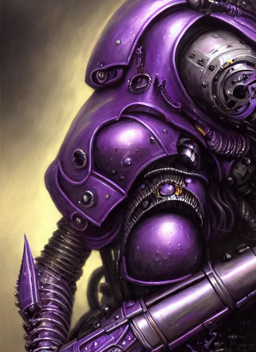 Prompt: extreme close up, portrait of a woman in purple sci - fi armor, bionic arm, intricate, warhammer, warhammer 4 0 k, highly detailed, digital painting, concept art, sharp focus, illustration, muted colors, grim dark, moody, gloomy, art by john blanche, by pedro nunez, by jaime martinez, by nacho molina