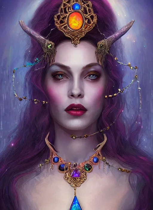 Image similar to tarot!!, pale, beautiful witch made of starlight and opals, jeweled choker, vivid colors, elegant, concept art, sharp focus, beautiful face!!, digital art, Hyper-realistic, 4K, Unreal Engine, Highly Detailed, Dramatic Lighting, Beautiful, by Brom, trending on Artstation, Tom Bagshaw, Sargent