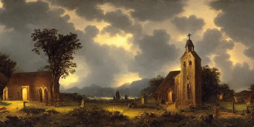 Image similar to a church in a village during a thunderstorm, cozy, by george henry durrie