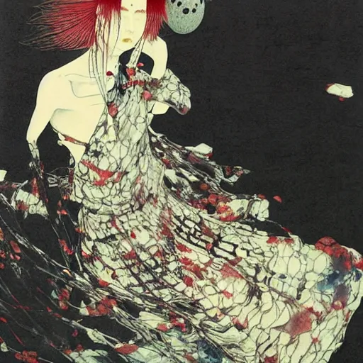 Image similar to an ominous object floats in an empty room, a highly detailed yoshitaka amano painting, by adrian ghenie and gerhard richter. art by takato yamamoto. masterpiece, deep colours.