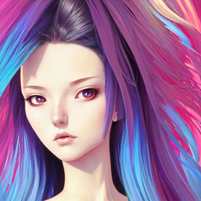 Prompt: half body portrait of beautiful symmetrical anime girl, rainbow hair, attractive, casual, modern, victoria's secret, highly detailed, digital painting, artstation, concept art, smooth, sharp focus, illustration, art by moebius, artgerm, greg rutkowski and alphonse mucha, 8 k,