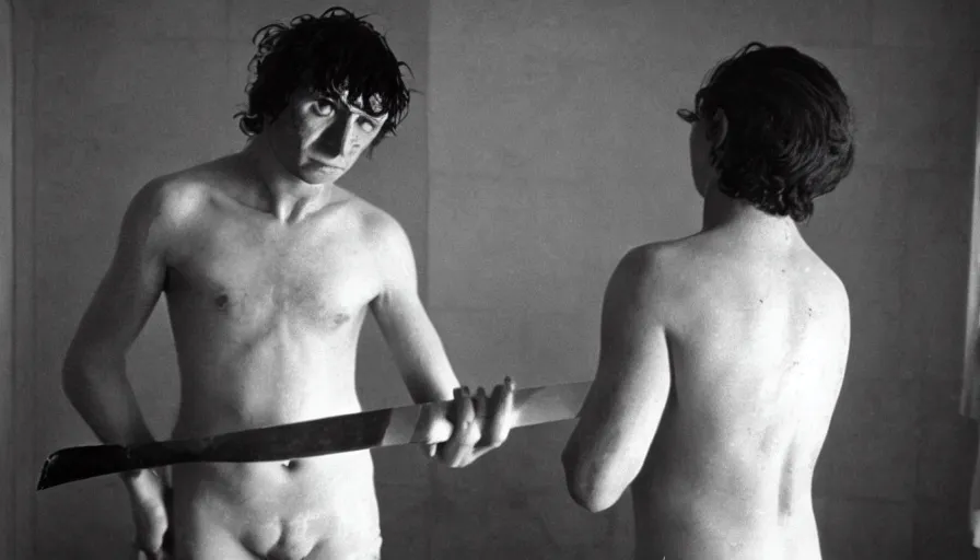 Prompt: 1 9 6 0 s movie still of jean - paul marat a bloody knife in his chest in a neoclassical bathroom, cinestill 8 0 0 t 3 5 mm, high quality, heavy grain, high detail, panoramic, cinematic composition, dramatic light, ultra wide lens, anamorphic