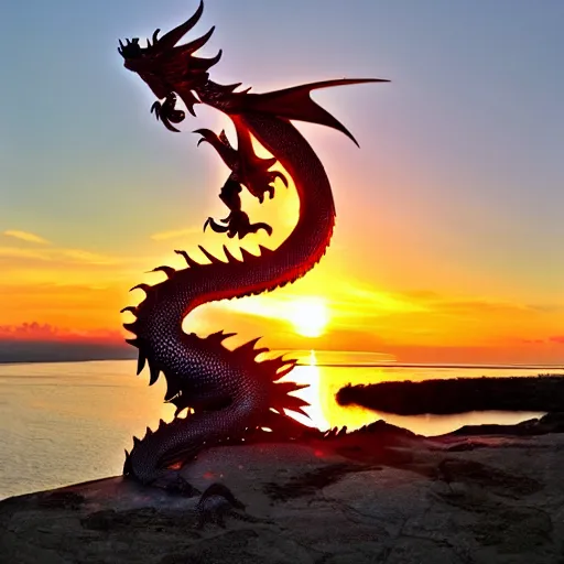 Prompt: super dragon made out of glass behind epic sunset