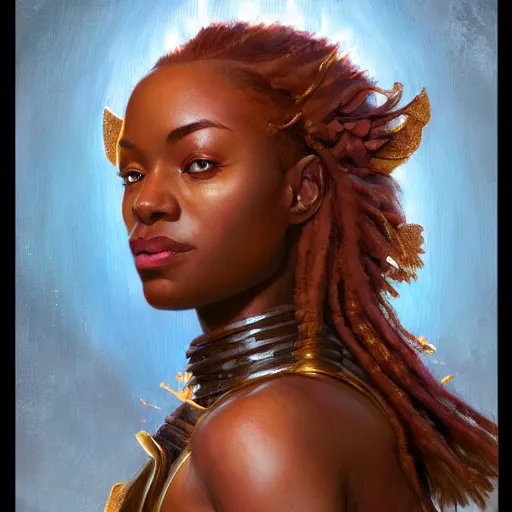 Image similar to portrait of a beautiful blackwomen fanatasy warrior MTG iluustration, intricate, headshot, highly detailed, digital painting, artstation, concept art, cinematic lighting, illustration, art by artgerm and greg rutkowski, alphonse mucha, cgsociety, science fiction