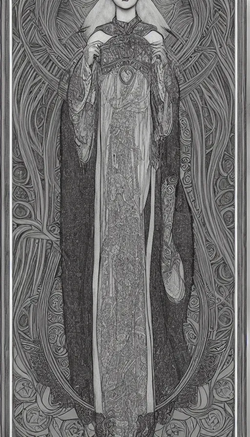 Image similar to yoon young as the high priestess, tarot design, by mucha, black and white graphite drawing, smooth render