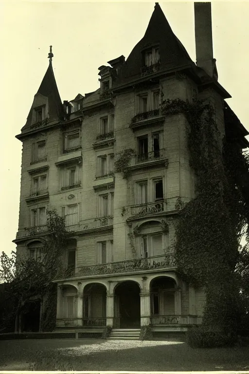 Image similar to Black and white camera obscura image of creepy mansion, 1910s paris, scary, horror, dark mood