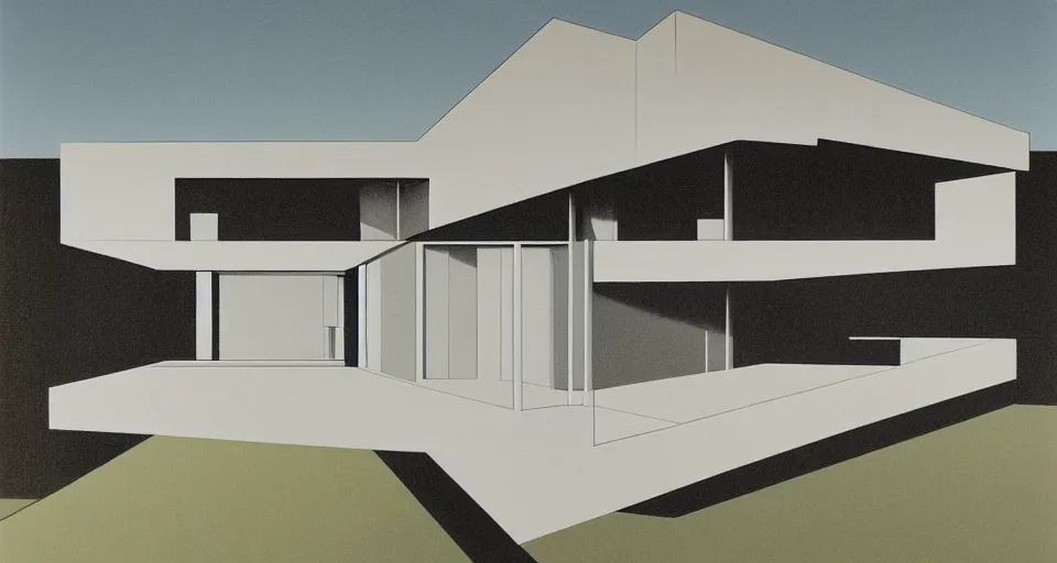 Image similar to modern house, bauhaus, mies van der rohe, matte painting, hiroshi nagai