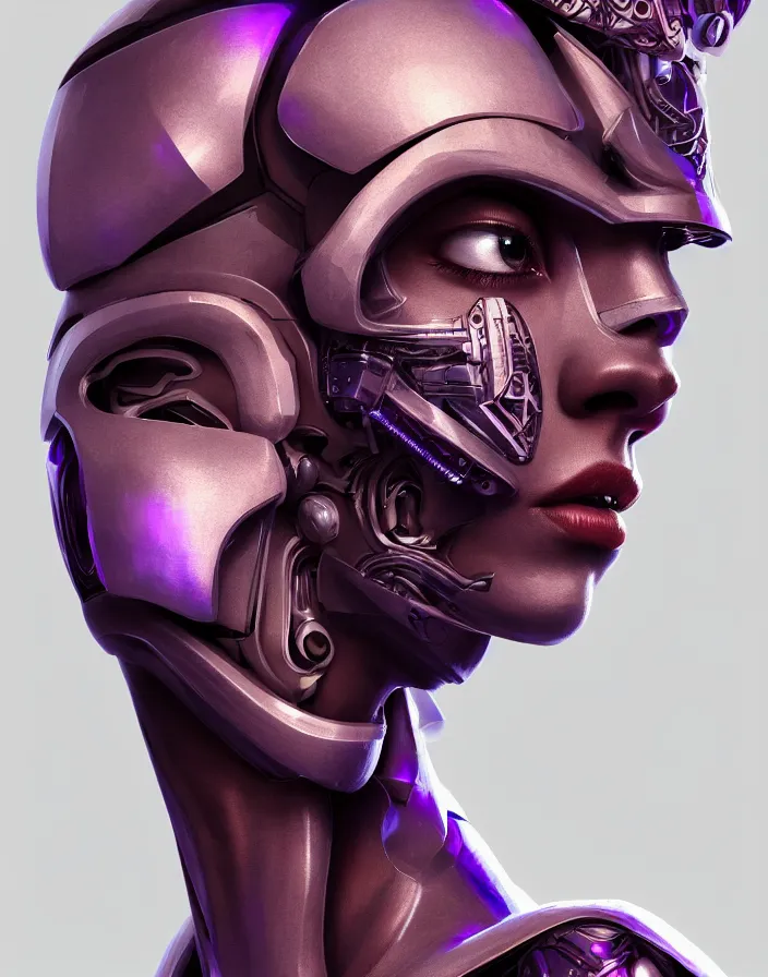 Image similar to beautiful portrait of friendly attractive alien cyborg, style of Feng Zhu, Artstation geometric, aesthetic, smooth skin, unique features, symmetrical, intricate crown, high fashion, streetwear, cyberpunk, detailed, octane render, cinematic, 8k, purple skin, brown skin