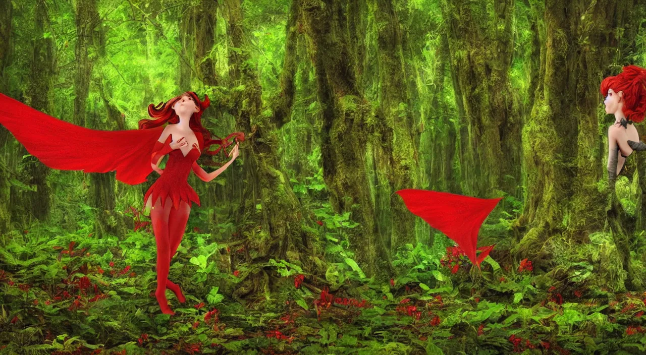 Image similar to a red fairy with pointy ears being in a green forest