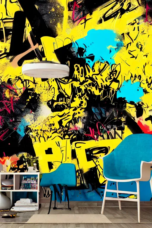 Image similar to extreme graffiti tag mural maximalism, yellow, brown, black and cyan color scheme, octane render