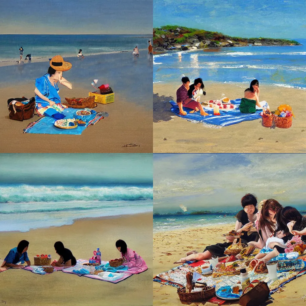 Prompt: a picnic on the beach by by tsuyoshi nagano,