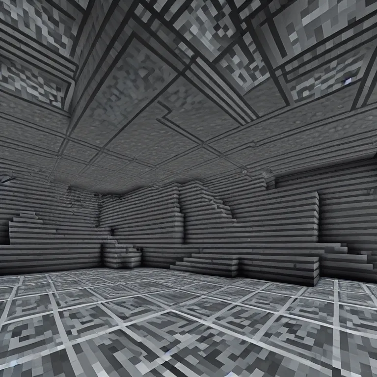 Prompt: Concrete gray multi-layered underground structure with multiple floors and a plus-shaped cleft in the center. Inside view, minecraft style, layers, straight lines, corners, high detailed, details, ultra realistic, photorealism, 8k, wide shot, symmetrical, brutalism, ray of light, architecture, volumetric lighting, cinematic, shadows