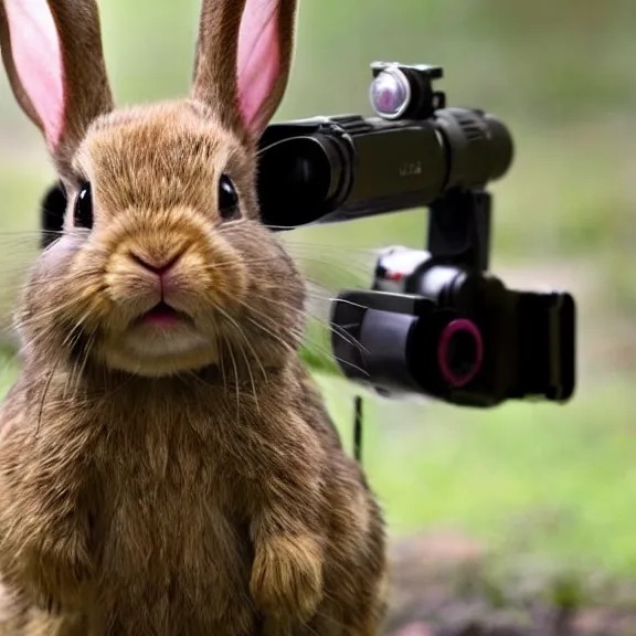 Image similar to mutant rabbit hellspawn shoots minigun, film still