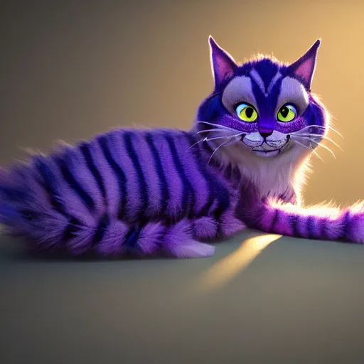 Image similar to full body pose, hyperrealistic photograph of the cheshire cat as a kitten, dim volumetric lighting, 8 k, octane beautifully detailed render, extremely hyper detailed, intricate, epic composition, cinematic lighting, masterpiece, trending on artstation, very very detailed, stunning, hdr, smooth, sharp focus, high resolution, award, winning photo, dslr, 5 0 mm