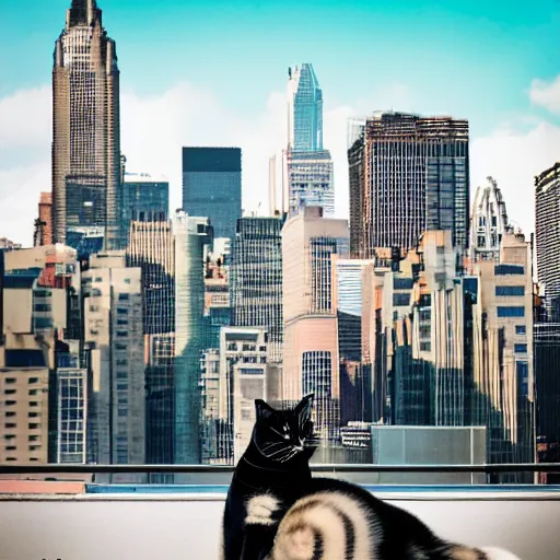 Prompt: an American Shorthair stretch on the rooftop of a metropolis