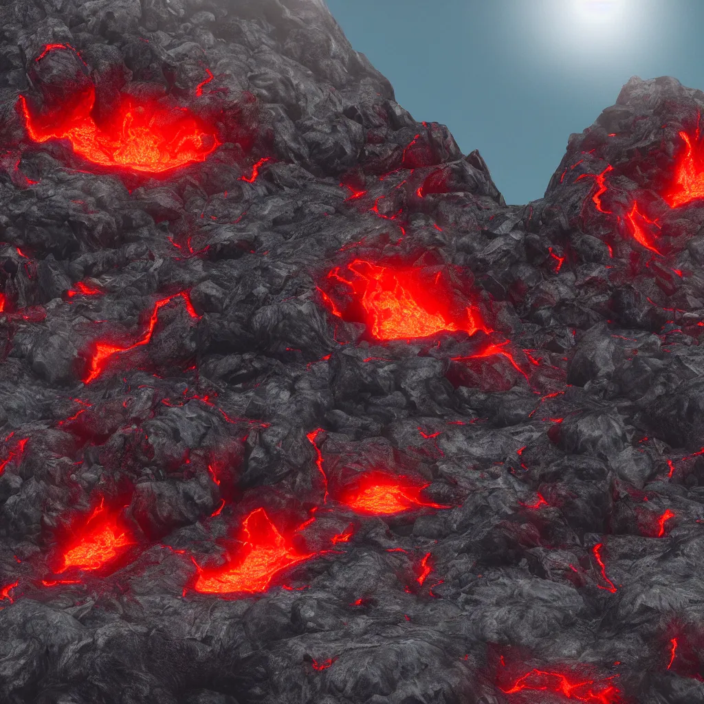 Image similar to satanic mountain goats with glowing red eyes on a sheer obsidian cliffside with lavaflow, lava waterfalls, photorealistic landscape render, octane render, vray, pools of lava, beautiful, ambient occlusion, particle effects, breaking ocean waves, light bloom, rtx