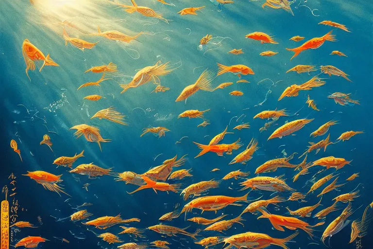 Image similar to portrait of goldfishes swarming the ocean. shadow and light. rays of light. energetic, dynamic, lively, detailed, intricate, complex. fine art by hayao miyazaki, akira toriyama, makoto shinkai, and ohara koson.