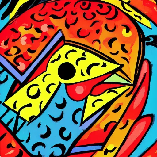 Prompt: A beautiful computer art of a large, colorful bird with a long, sweeping tail. The bird is surrounded by swirling lines and geometric shapes in a variety of colors Pizza Hut, cubic zirconia by William Gropper romantic