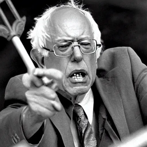 Image similar to Bernie Sanders as Gandolf defending Bridge of Khazad-dûm, 35mm photo