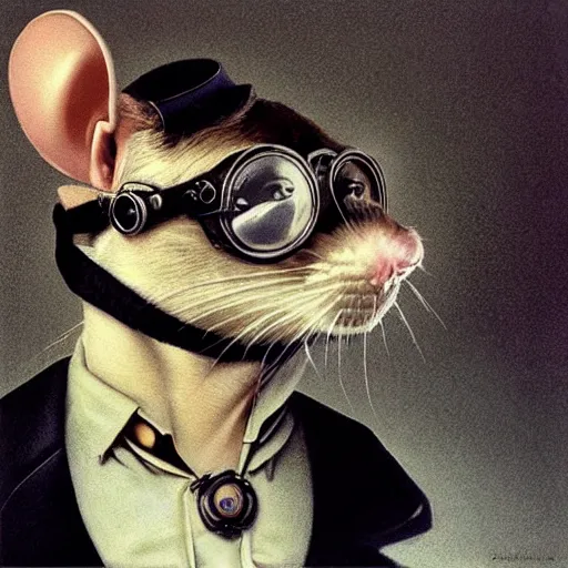 Image similar to a rat with steampunk googles, by Gottfried Helnwein