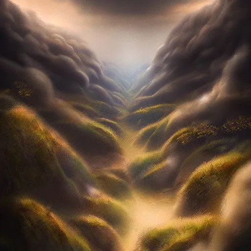 Image similar to a dark cloudy !!hand!! in a valley reaching out of the sky trying to touch the ground, matte painting, fantasy art