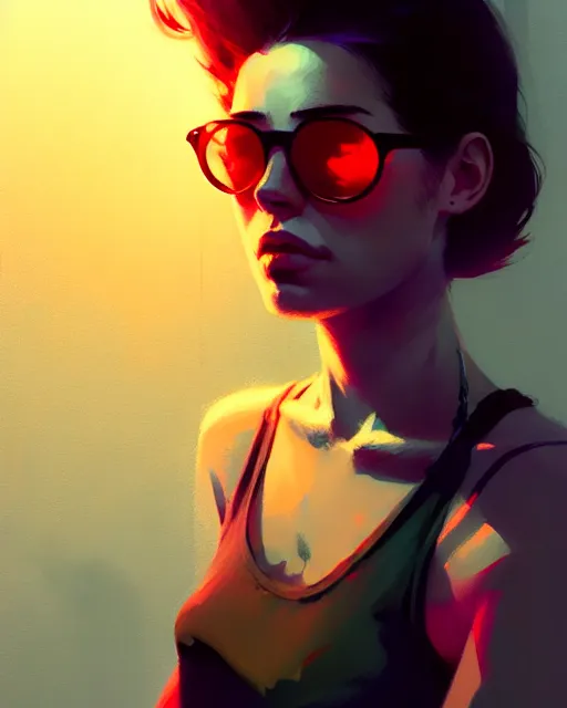 Prompt: neo - noir, hyper - realistic portrait of a girl in a tank top, intricate, 4 k, by atey ghailan, by greg rutkowski, by greg tocchini, by james gilleard, by joe fenton, by kaethe butcher, dynamic lighting, lighting color scheme, sharp focus, grunge aesthetic