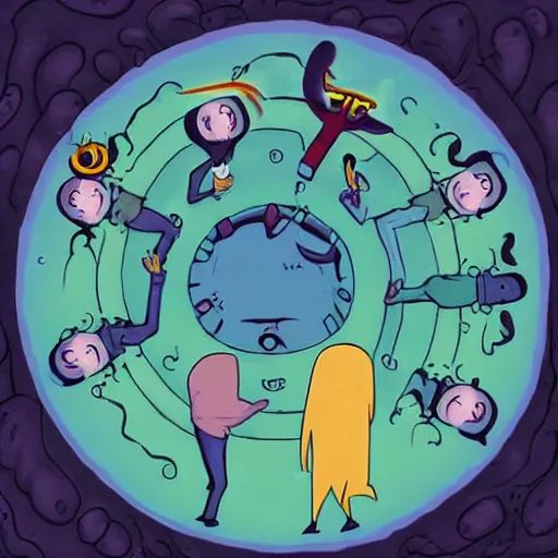 Image similar to a group of lovecraftian cultists in a circle performing a ritual in the style of adventure time