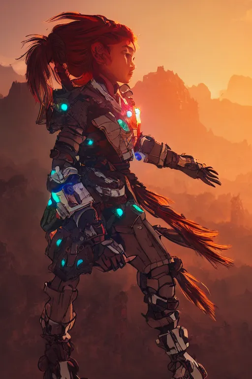 Image similar to combination suit armor aloy horizon forbidden west horizon zero dawn radiating a glowing aura global illumination ray tracing hdr fanart arstation by ian pesty and alena aenami artworks in 4 k tribal robot ninja mask helmet backpack